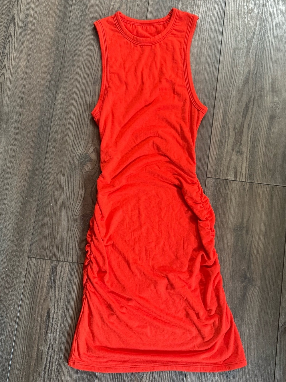 Eterne Poppy Red Orange Ruched Modal Bodycon Mini Dress Made in USA XS Luxury